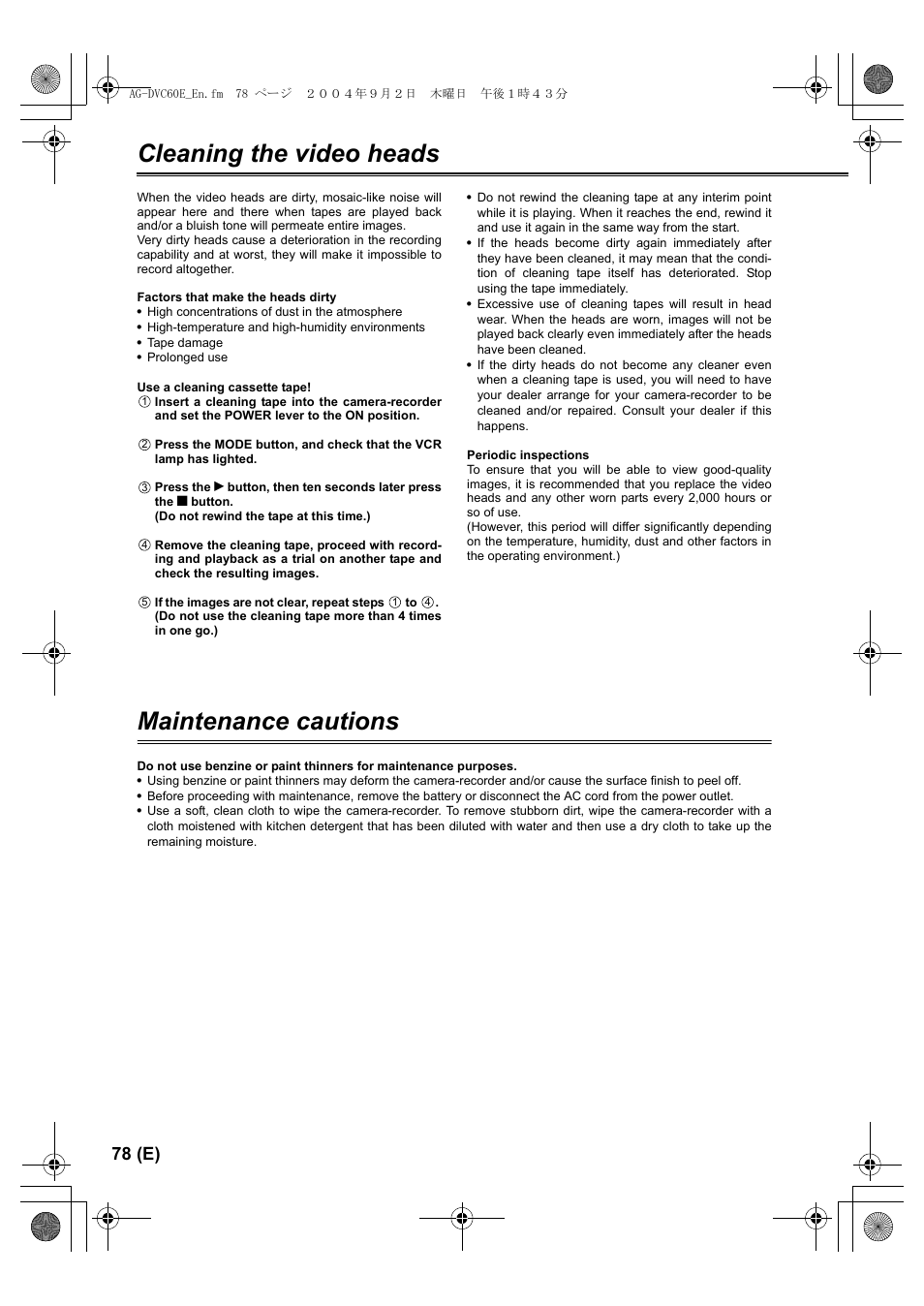 Cleaning the video heads, Maintenance cautions, 78 (e) | Panasonic AG-DVC60 E User Manual | Page 78 / 82