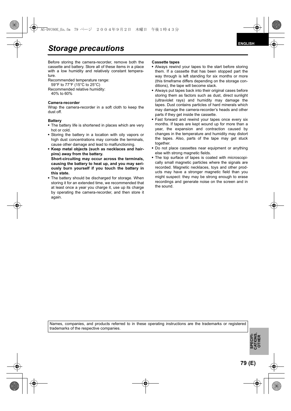 Storage precautions, 79 (e) | Panasonic AG-DVC60 E User Manual | Page 79 / 82