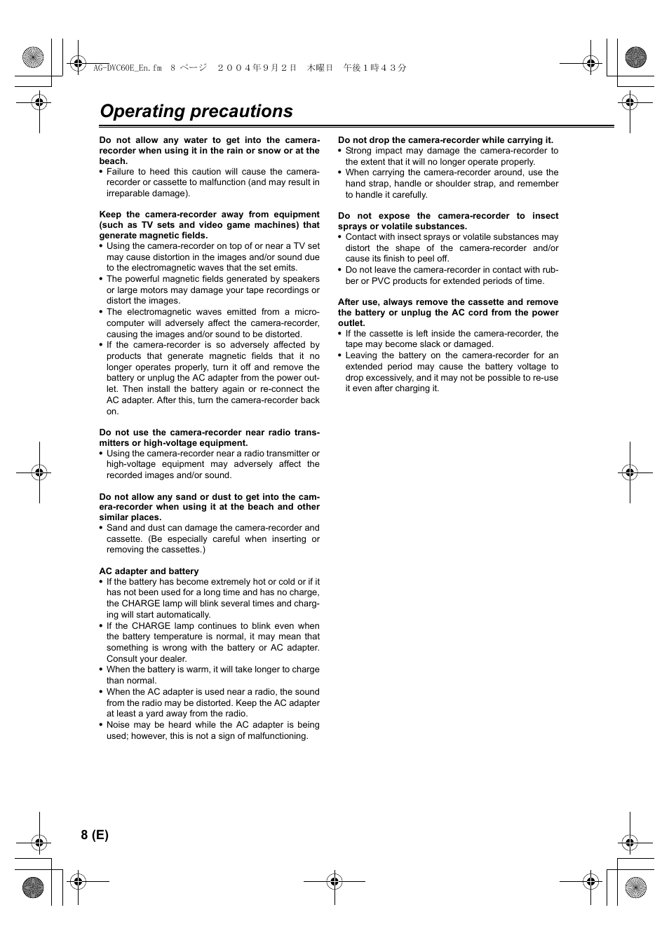 Operating precautions, 8 (e) | Panasonic AG-DVC60 E User Manual | Page 8 / 82