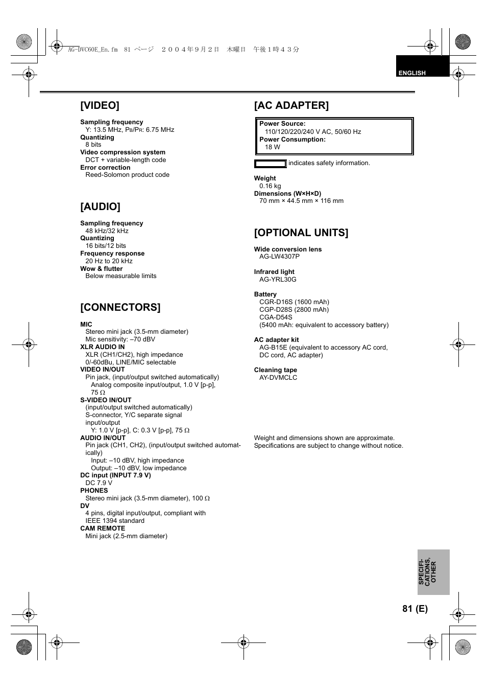 Video, Audio, Connectors | Ac adapter, Optional units, 81 (e) | Panasonic AG-DVC60 E User Manual | Page 81 / 82
