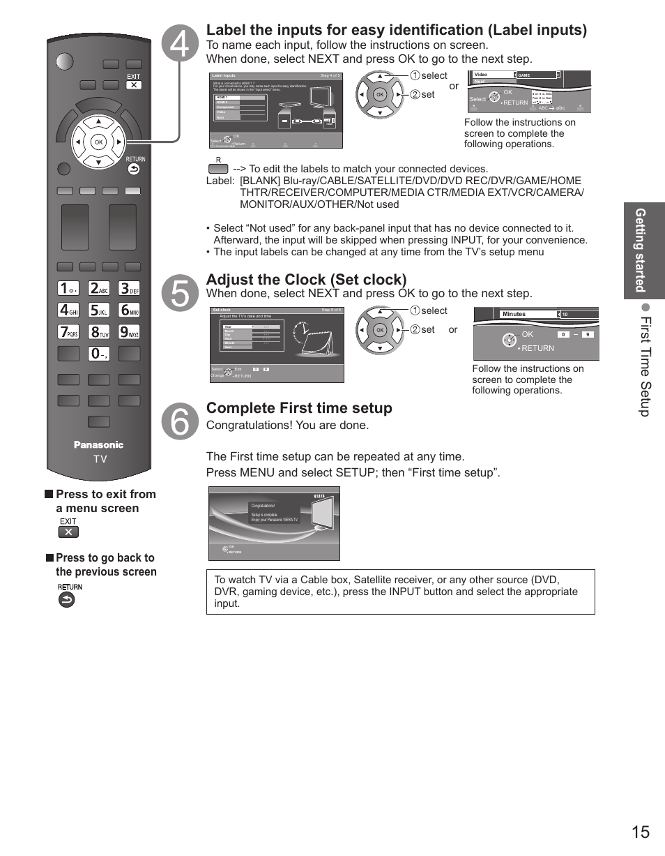 Adjust the clock (set clock), Complete first time setup, First t ime setup | Getting started, Press to exit from a menu screen, Press to go back to the previous screen, Select set | Panasonic TC-42PX34 User Manual | Page 15 / 50