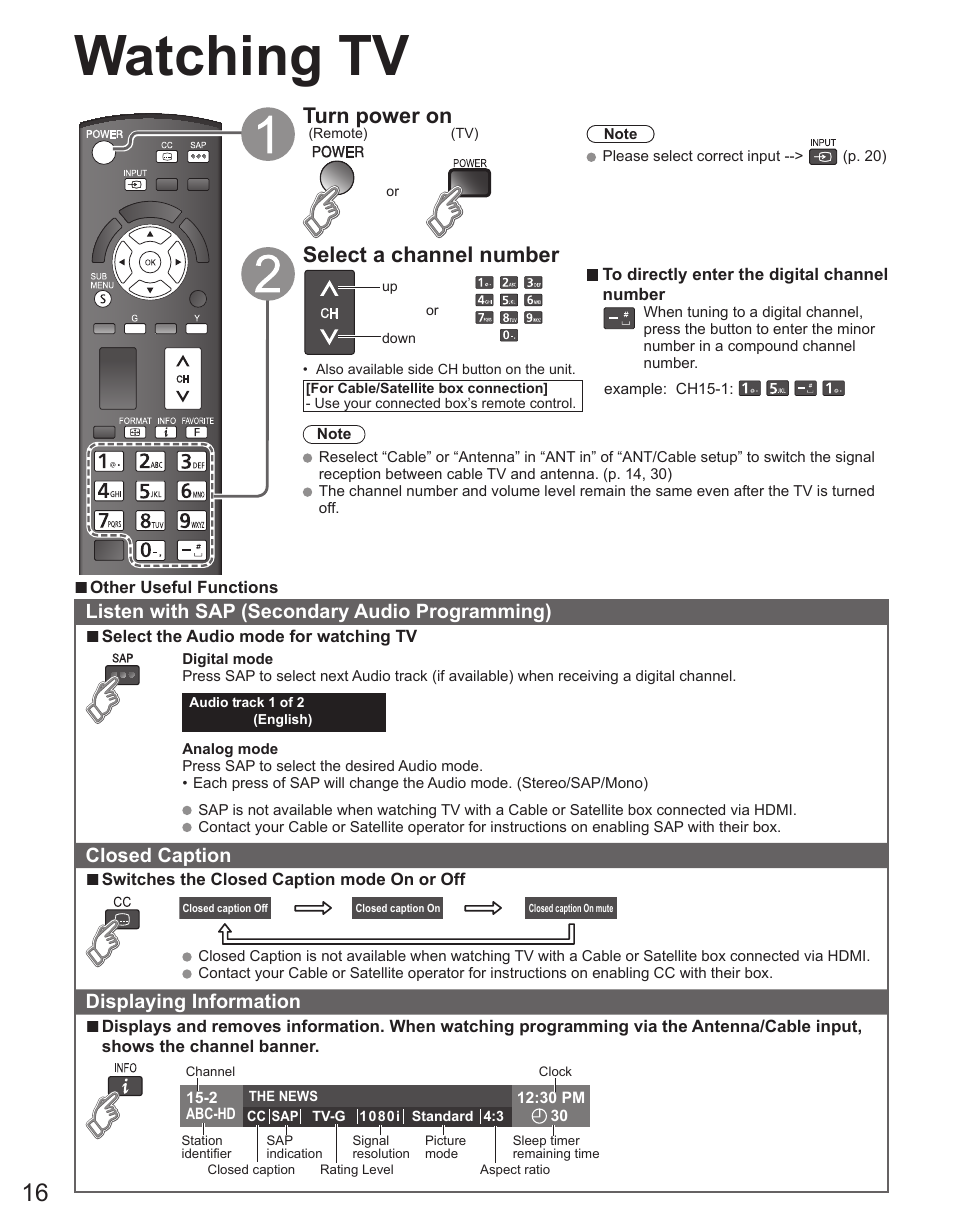 Watching tv, Turn power on, Select a channel number | Panasonic TC-42PX34 User Manual | Page 16 / 50