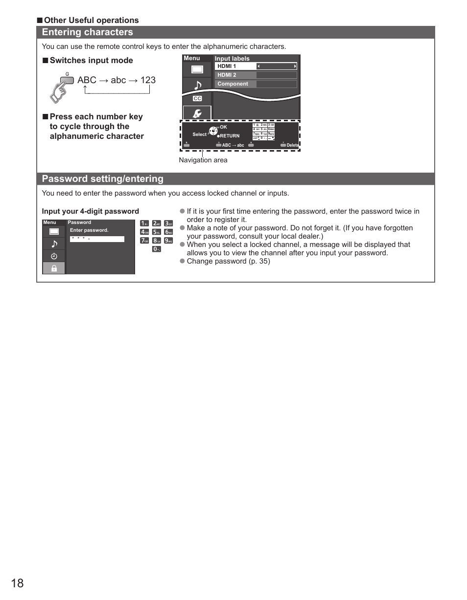 Entering characters, Password setting/entering, Abc → abc → 123 | Other useful operations, Switches input mode | Panasonic TC-42PX34 User Manual | Page 18 / 50