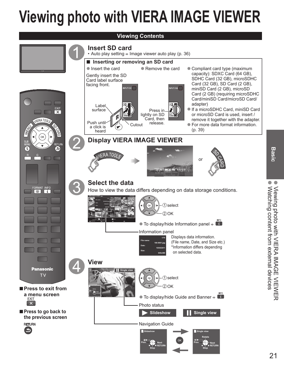 Viewing photo with viera image viewer, Insert sd card, Display viera image viewer | Select the data, View, Basic, Viewing contents, Press to exit from a menu screen, Press to go back to the previous screen, Inserting or removing an sd card | Panasonic TC-42PX34 User Manual | Page 21 / 50