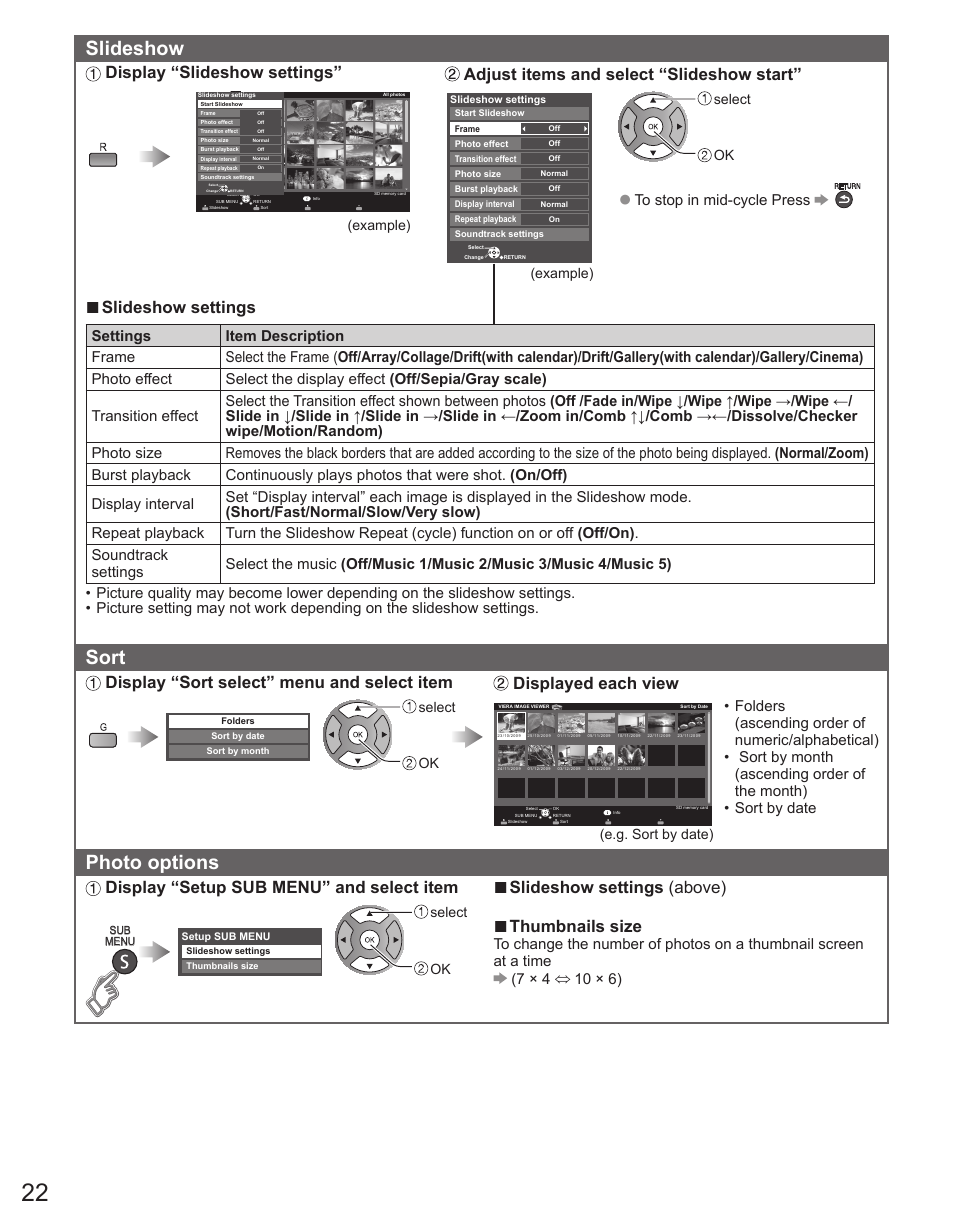 Slideshow, Sort, Photo options | Display “slideshow settings, Adjust items and select “slideshow start, Slideshow settings, Display “sort select” menu and select item, Displayed each view, Display “setup sub menu” and select item, Slideshow settings (above) | Panasonic TC-42PX34 User Manual | Page 22 / 50