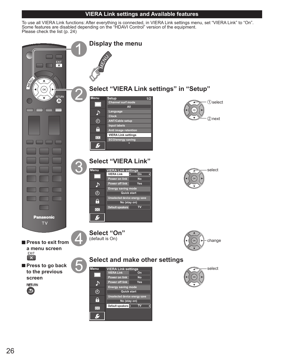 Select “viera link, Select “on, Select and make other settings | Viera link settings and available features | Panasonic TC-42PX34 User Manual | Page 26 / 50
