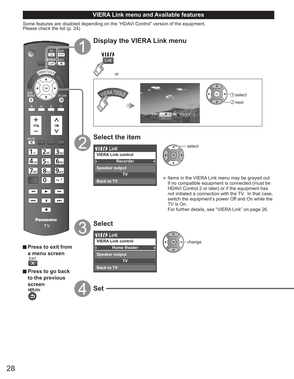 Display the viera link menu, Select the item, Select | Panasonic TC-42PX34 User Manual | Page 28 / 50
