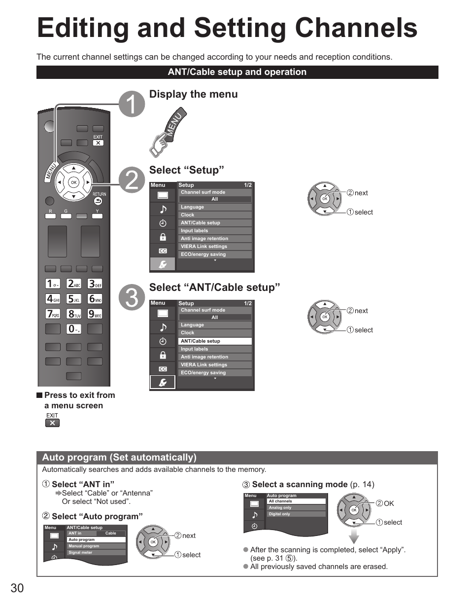 Editing and setting channels, Display the menu select “setup, Select “ant/cable setup | Auto program (set automatically), Ant/cable setup and operation | Panasonic TC-42PX34 User Manual | Page 30 / 50