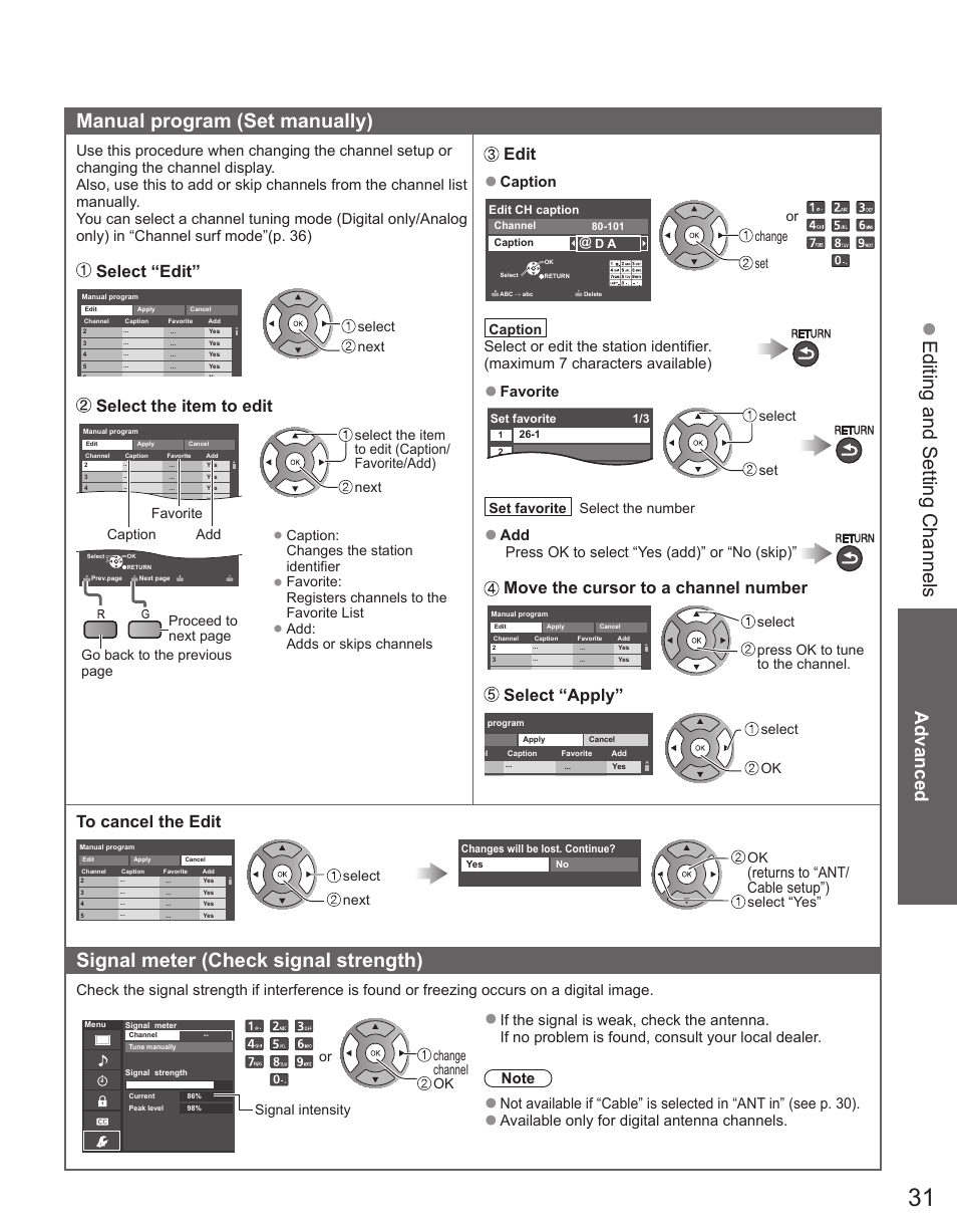 Signal meter (check signal strength), Advanced, Select “edit | Select the item to edit, Edit, Move the cursor to a channel number, Select “apply, Caption, Favorite, Add press ok to select “yes (add)” or “no (skip) | Panasonic TC-42PX34 User Manual | Page 31 / 50