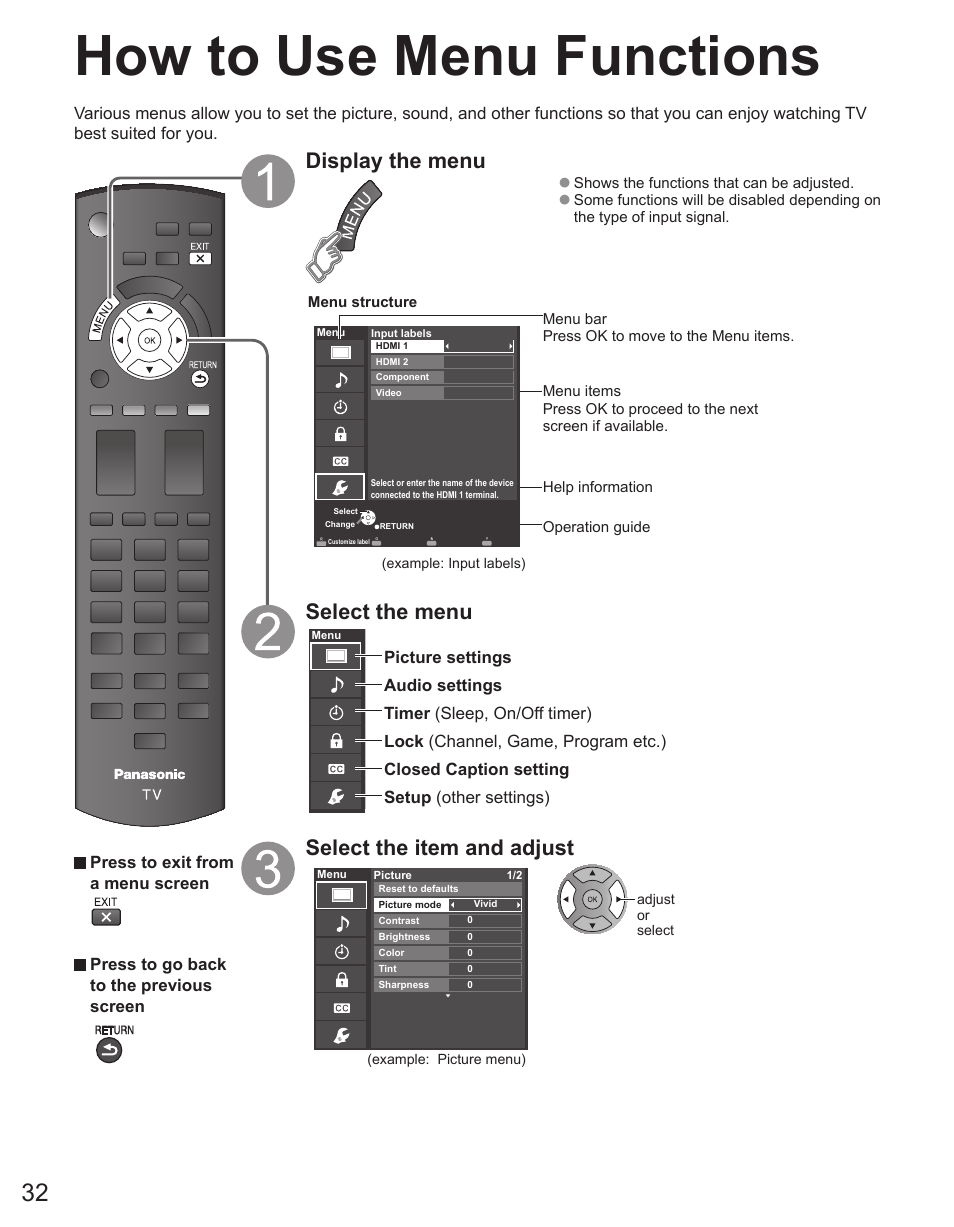 How to use menu functions, Display the menu, Select the menu | Select the item and adjust | Panasonic TC-42PX34 User Manual | Page 32 / 50