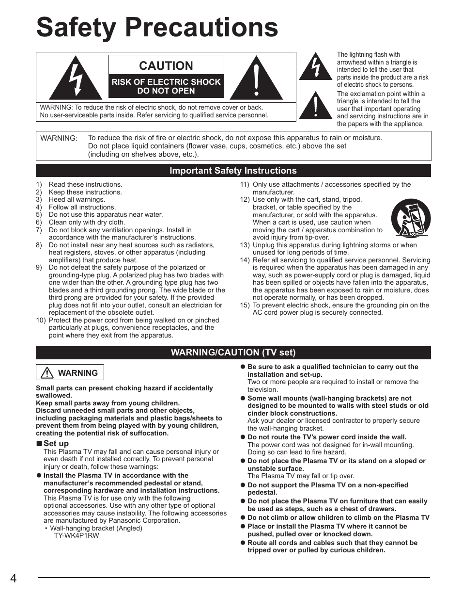 Safety precautions, Caution | Panasonic TC-42PX34 User Manual | Page 4 / 50