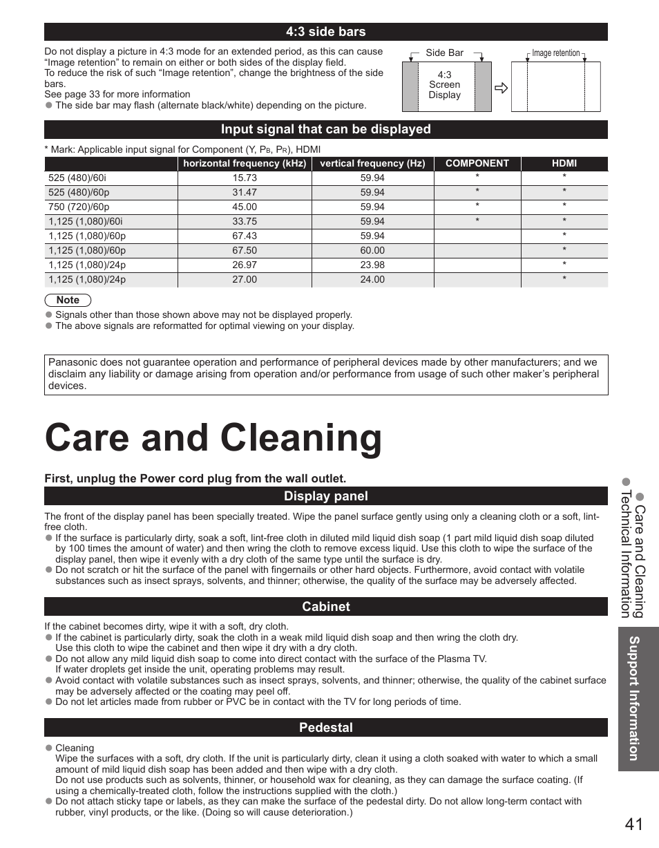 Care and cleaning | Panasonic TC-42PX34 User Manual | Page 41 / 50