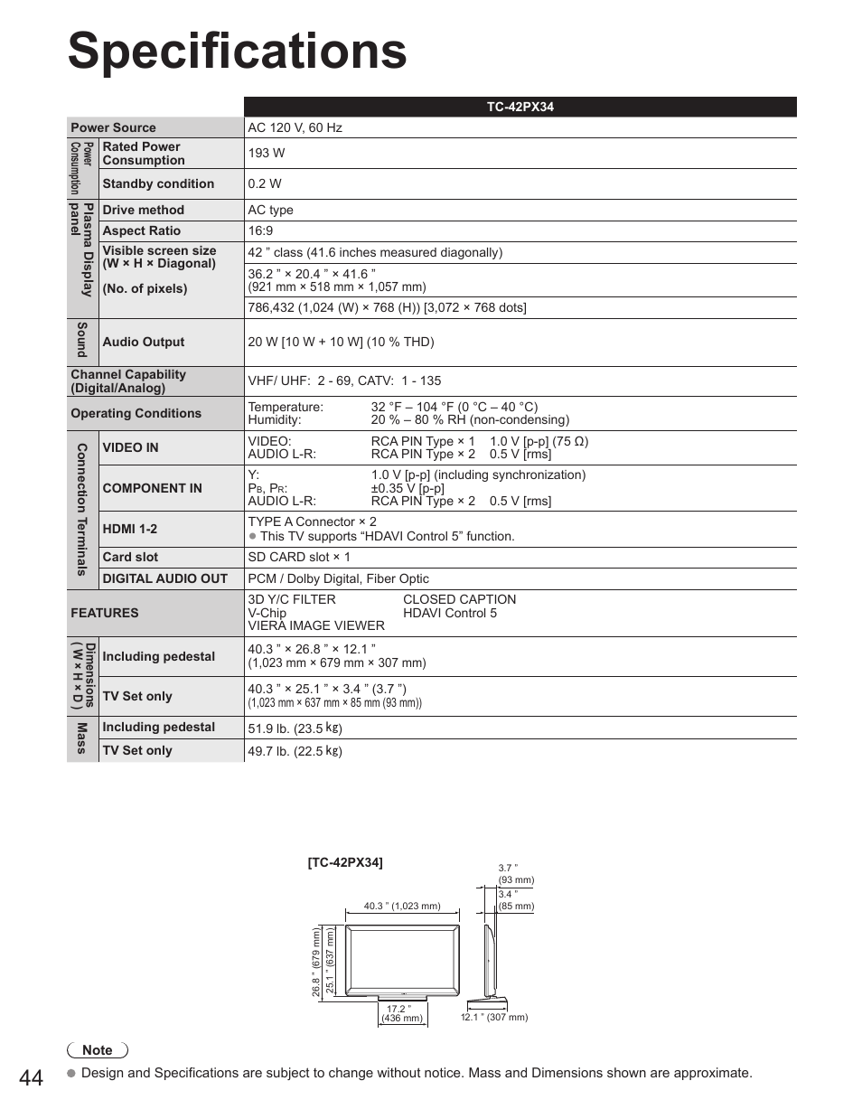 Specifications | Panasonic TC-42PX34 User Manual | Page 44 / 50
