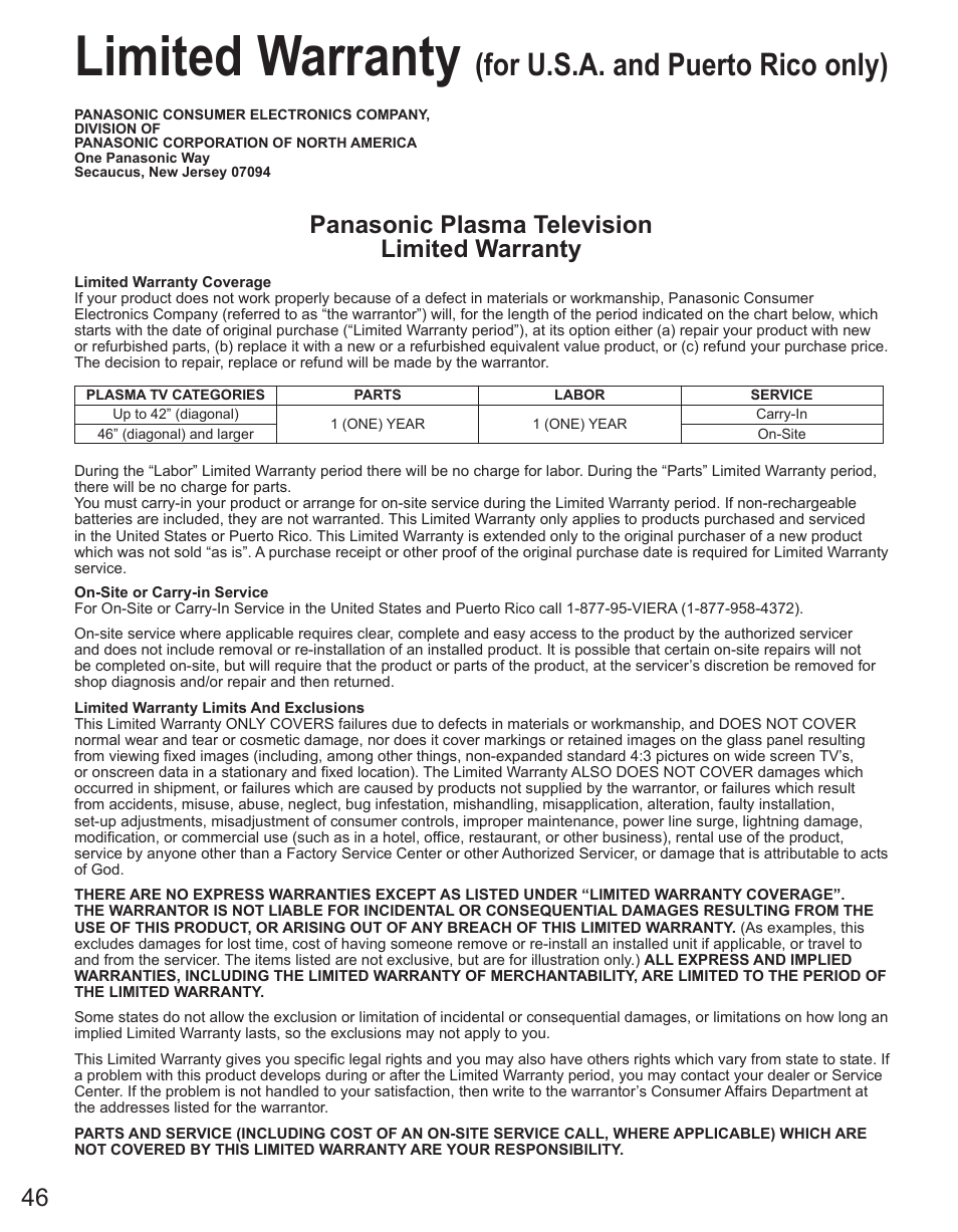 Limited warranty (for u.s.a. and puerto rico only), Limited warranty, For u.s.a. and puerto rico only) | Panasonic plasma television limited warranty | Panasonic TC-42PX34 User Manual | Page 46 / 50