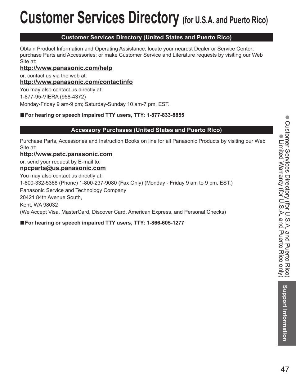 Customer services directory, For u.s.a. and puerto rico) | Panasonic TC-42PX34 User Manual | Page 47 / 50