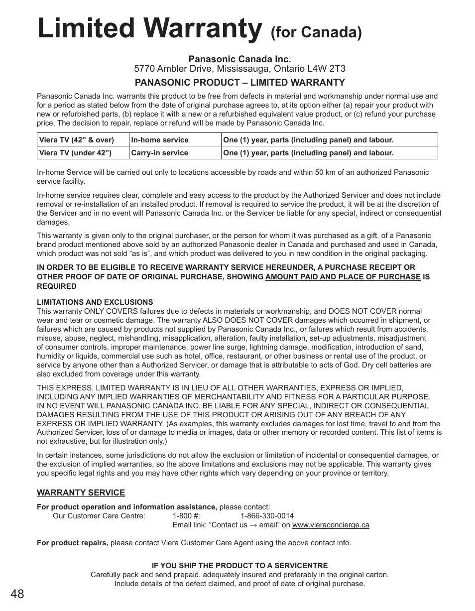 Limited warranty (for canada), Limited warranty, For canada) | Panasonic TC-42PX34 User Manual | Page 48 / 50