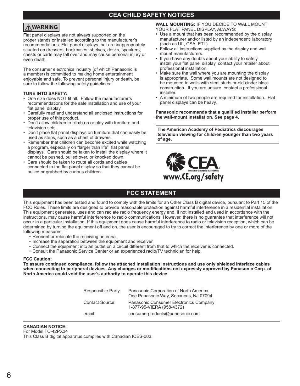 Fcc statement, Cea child safety notices | Panasonic TC-42PX34 User Manual | Page 6 / 50