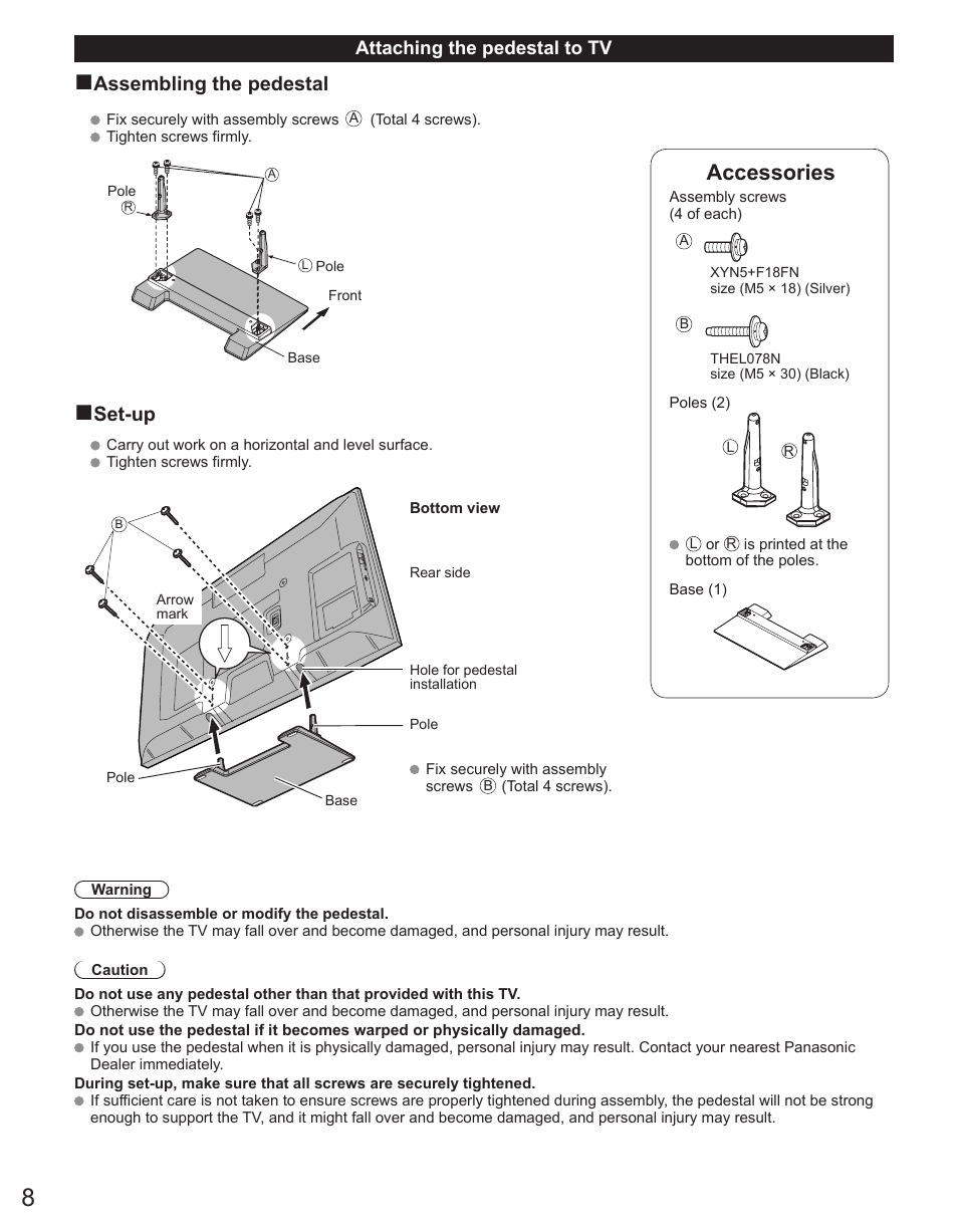 Accessories, Assembling the pedestal, Set-up | Panasonic TC-42PX34 User Manual | Page 8 / 50