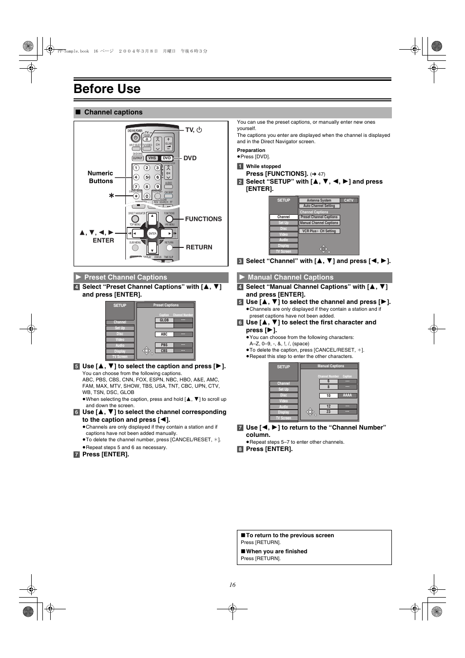 Channel captions, Preset channel captions - manual channel captions, Before use | 1 preset channel captions, 1 manual channel captions, Press [functions, 8] press [enter, Numeric buttons | Panasonic DMR-E75V User Manual | Page 16 / 84