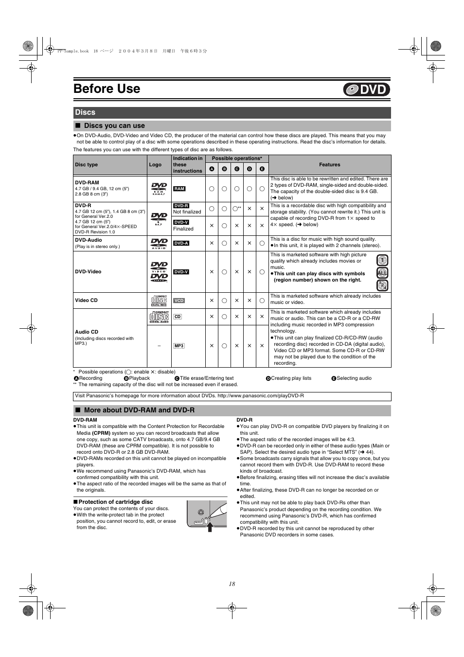 Disc, Dvd]] ^^^^^^^^^^^^^^^^^^^^^^^^^^^^^^^^^ ), Discs | Discs you can use ≥more about dvd-ram and dvd-r, Before use, Discs you can use, More about dvd-ram and dvd-r | Panasonic DMR-E75V User Manual | Page 18 / 84