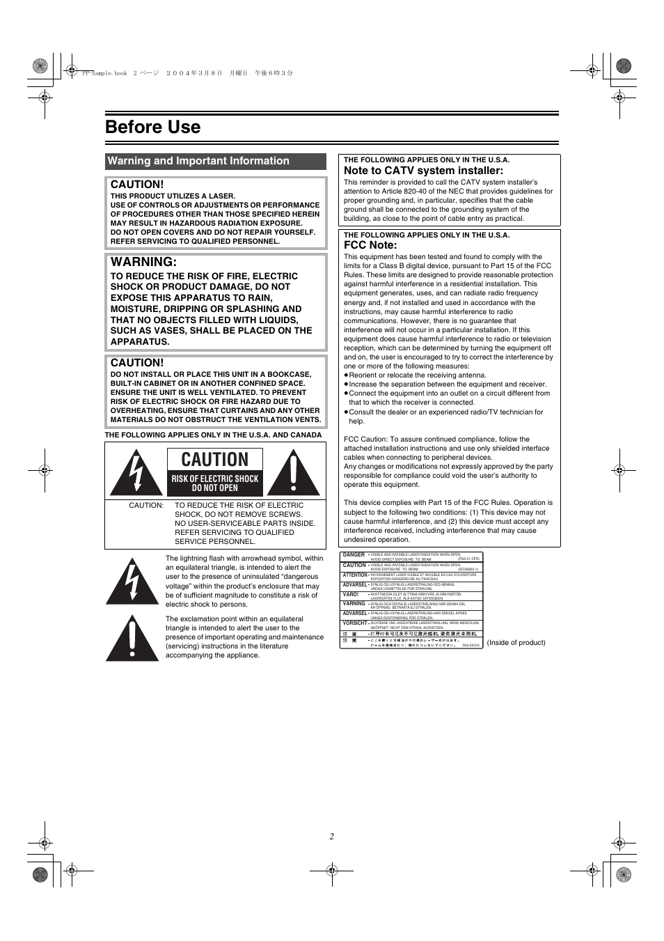 Before use, Warning and important information, Warning | Warning and important information caution, Caution | Panasonic DMR-E75V User Manual | Page 2 / 84