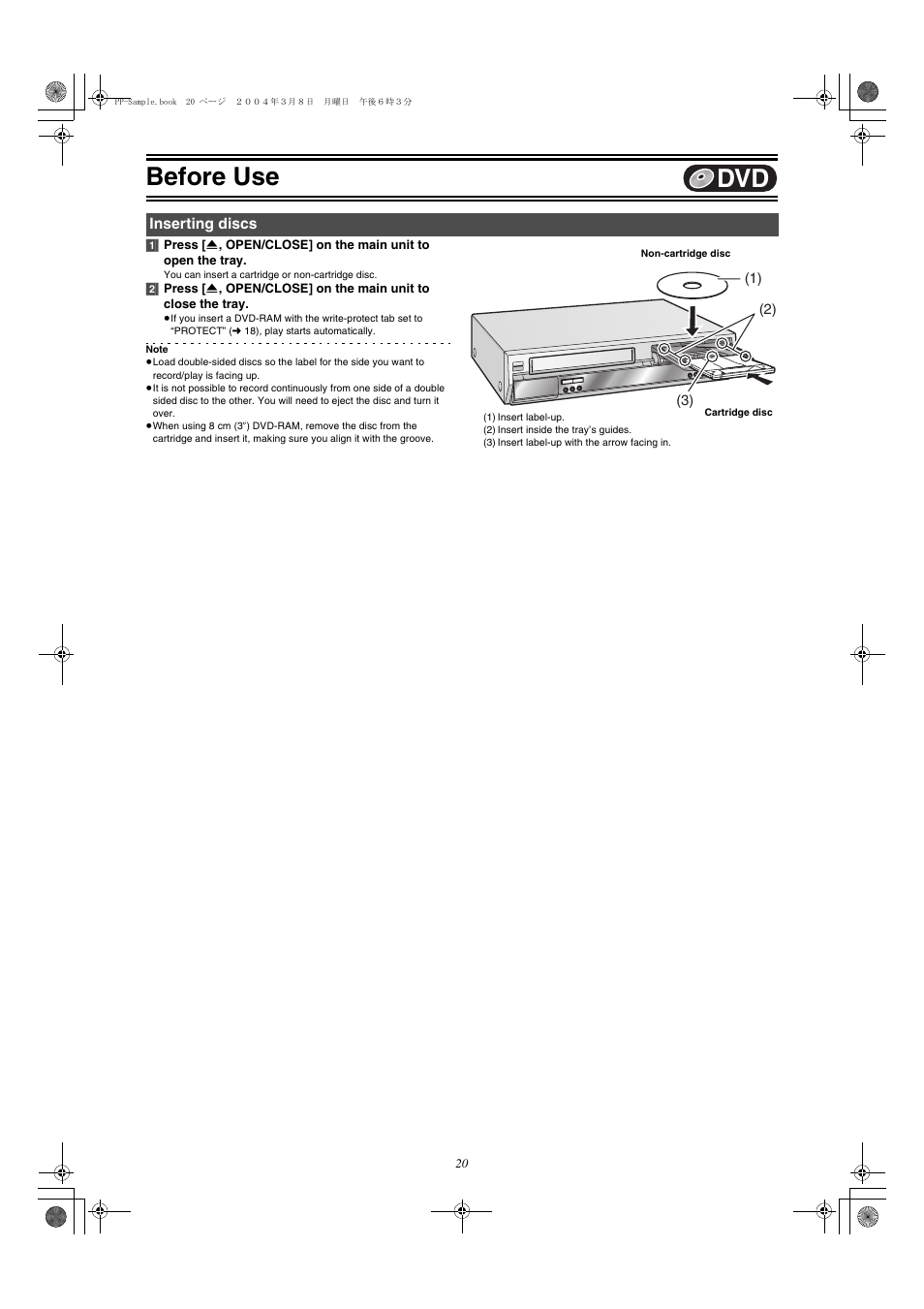 Inserting discs, L 20, Before use | Panasonic DMR-E75V User Manual | Page 20 / 84