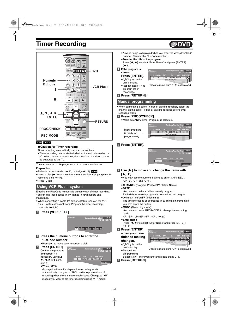 Timer recording, Using vcr plus + system, Manual programming | Using vcr plus, L 28, L 28), Using vcr plus _ system, 3] press [enter, Press [enter, 5] press [return | Panasonic DMR-E75V User Manual | Page 28 / 84