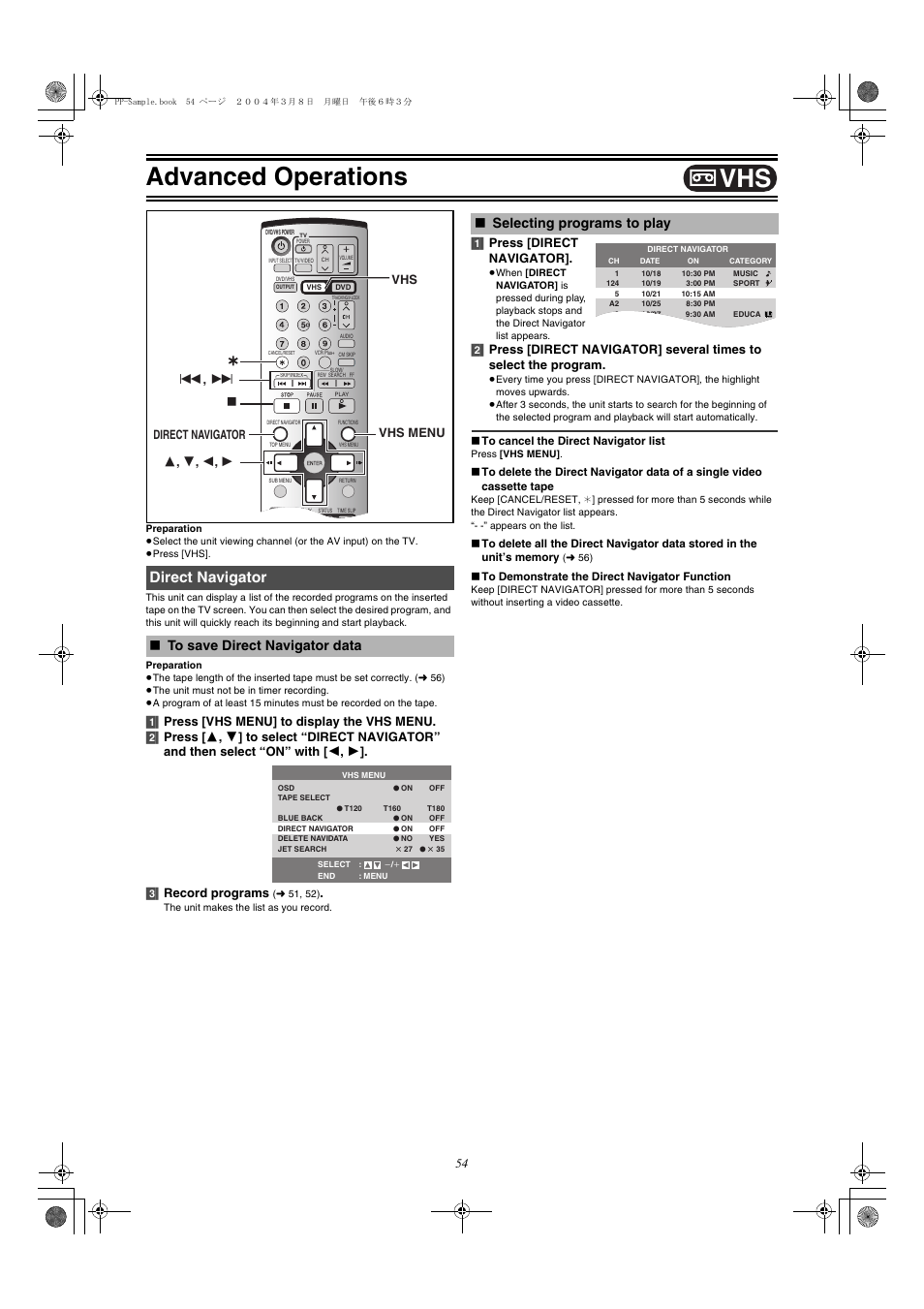 Advanced operations, Direct navigator, Selecting programs to play | 1] press [direct navigator | Panasonic DMR-E75V User Manual | Page 54 / 84