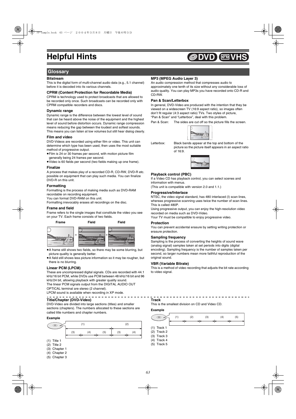 Helpful hints, Glossary, L 63) | Ng played, L 63, film and video), L 63, L 63, “frame and field”), Vhs dvd | Panasonic DMR-E75V User Manual | Page 63 / 84