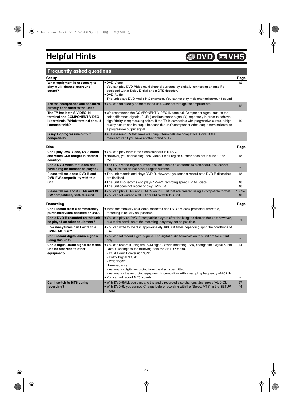 Frequently asked questions, Helpful hints, Vhs dvd | Panasonic DMR-E75V User Manual | Page 64 / 84