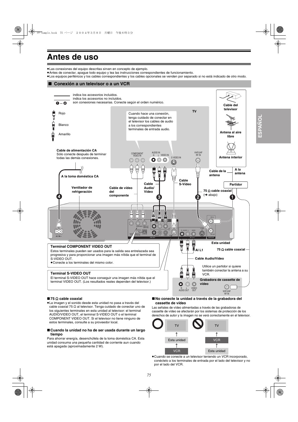 Espanol, Antes de uso, Español | Conexión a un televisor o a un vcr, Esp añol | Panasonic DMR-E75V User Manual | Page 75 / 84
