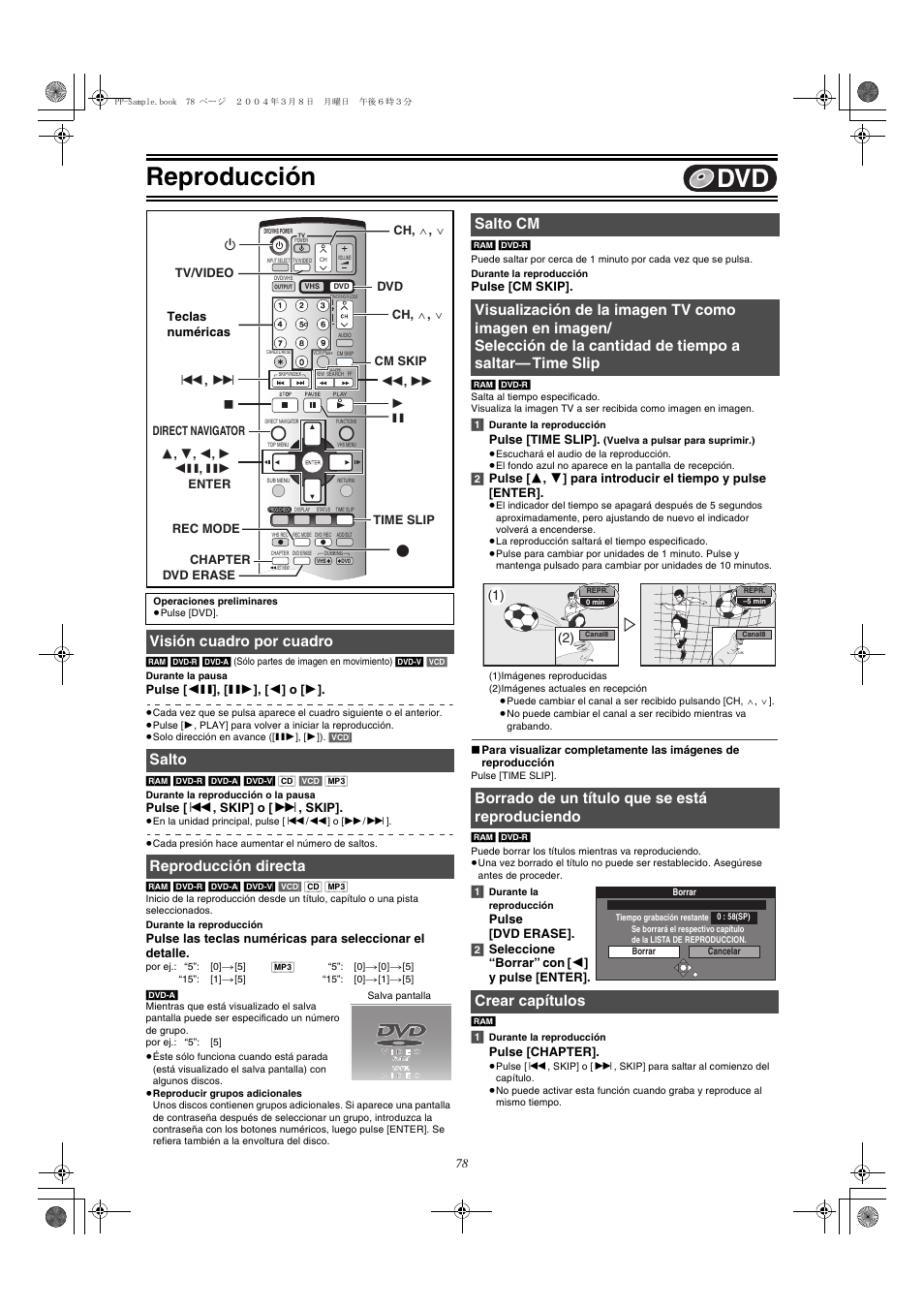 Vision cuadro por cuadro, Salto, Reproduccion directa | Salto cm, Borrado de un titulo ques se esta reproduciendo, Crear capitulos, Reproducción | Panasonic DMR-E75V User Manual | Page 78 / 84