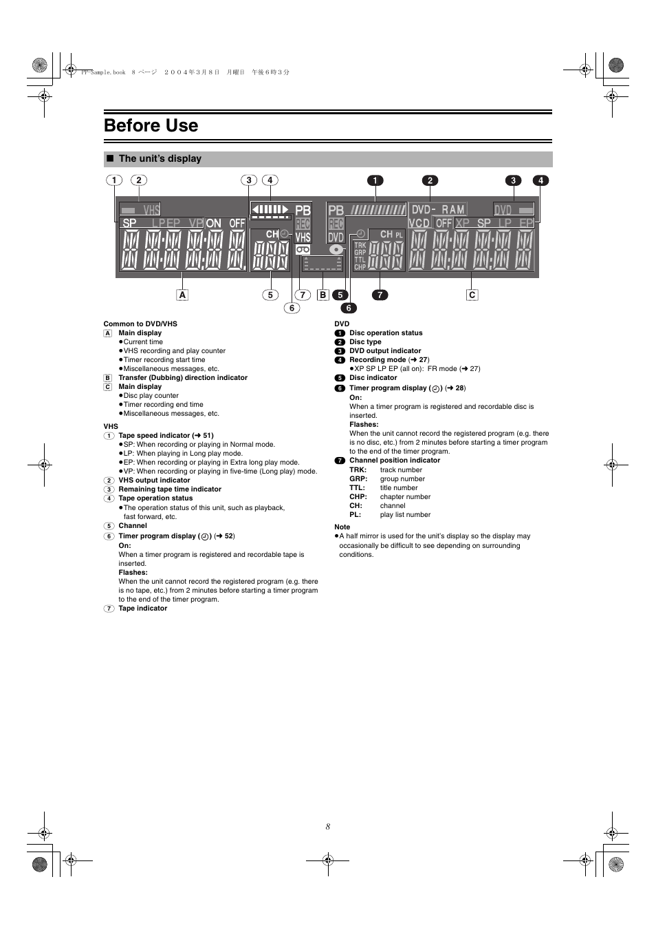 The unit’s display, Before use | Panasonic DMR-E75V User Manual | Page 8 / 84