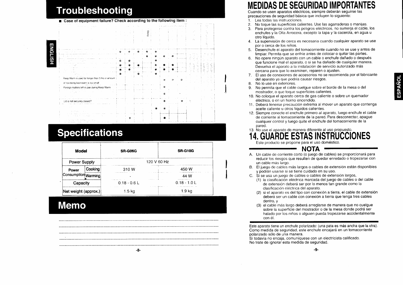 Nota, Troubleshooting, Specifications | Medidas de seguridad importantes, Guarde estas instrucciones | Panasonic SR-G10G User Manual | Page 5 / 8