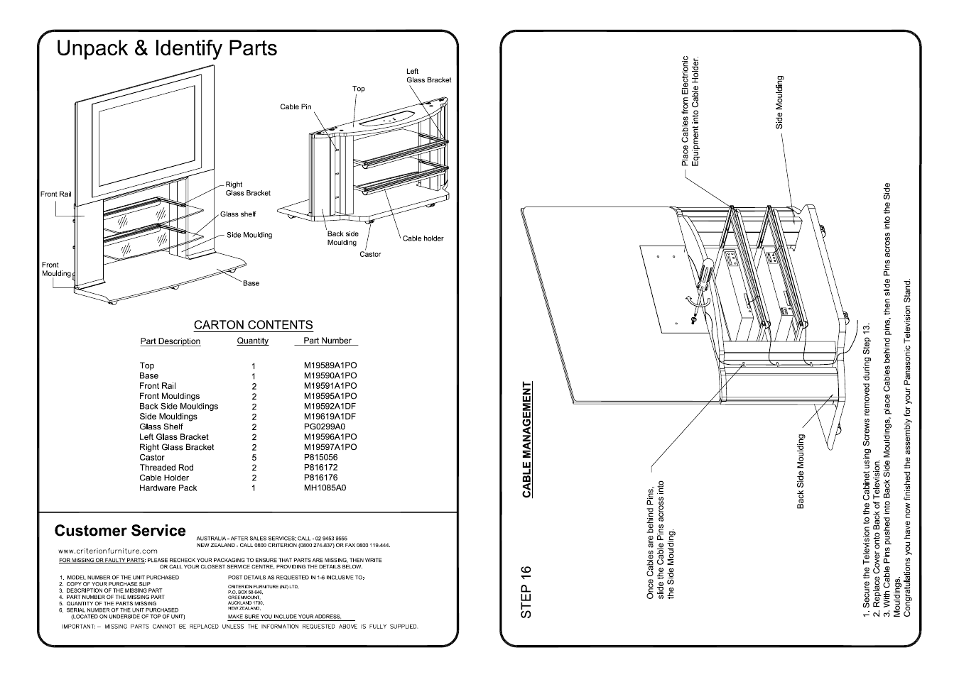 Unpack & identify parts, Customer service, Carton contents | Panasonic BUS4803 User Manual | Page 2 / 19