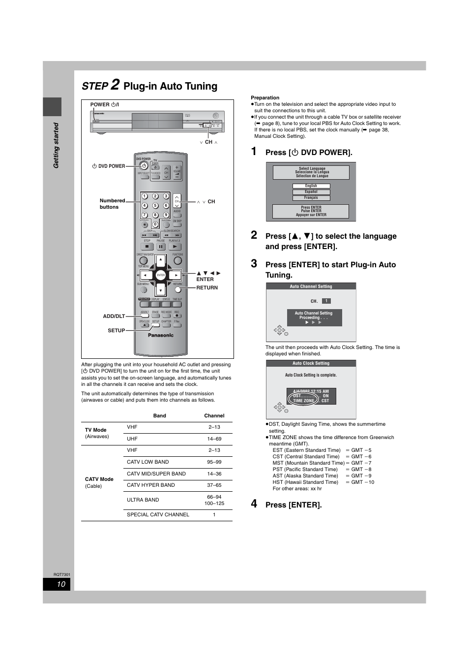 Plug-in auto tuning, Step, Press [ ¦ dvd power | Press [enter] to start plug-in auto tuning, Press [enter, Open/close, X1.3 time slip power ch time slip | Panasonic DMR-E55 User Manual | Page 10 / 61