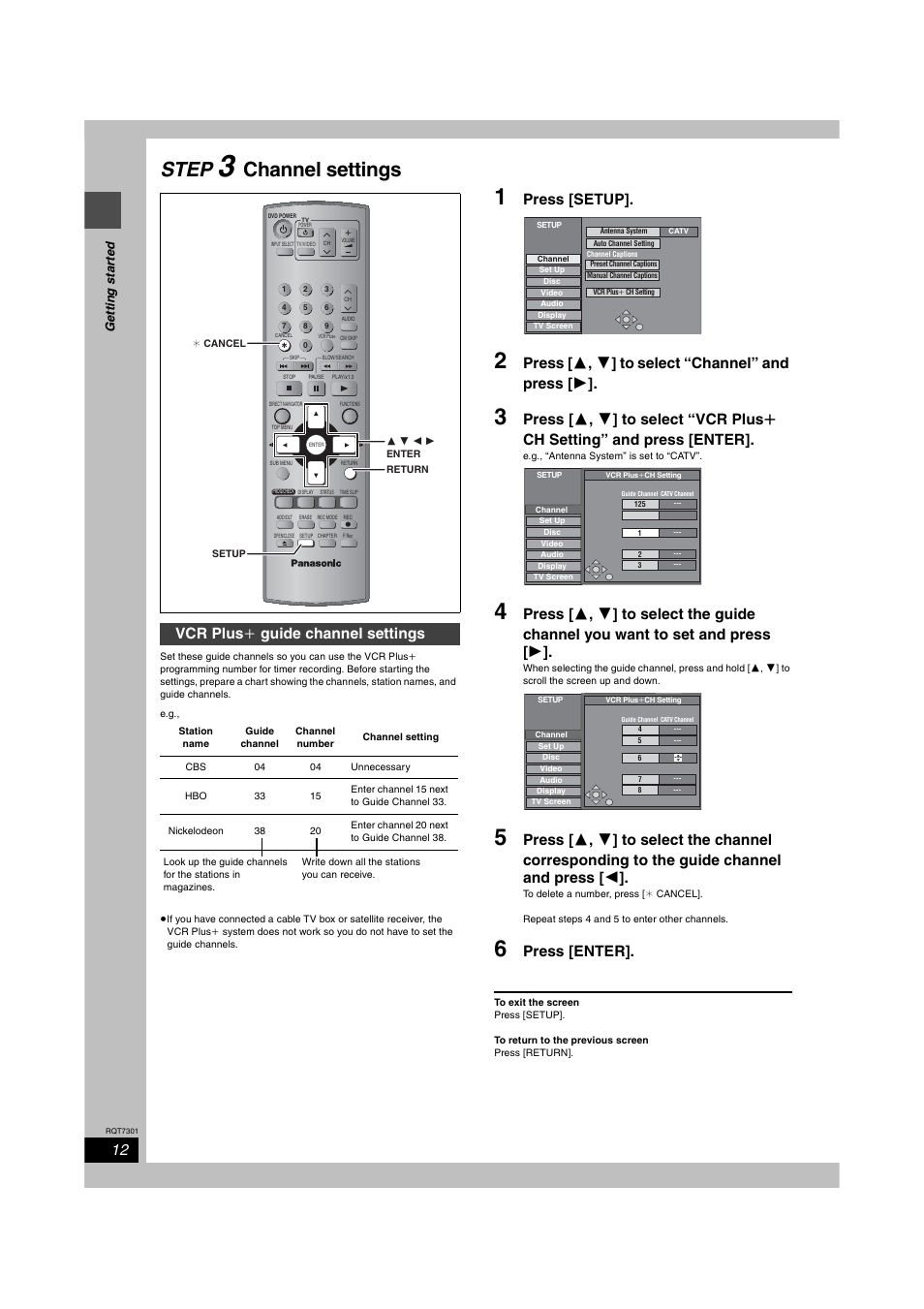 Channel settings, Step, Press [setup | Press [  ,  ] to select “channel” and press, Press [enter, Vcr plus k guide channel settings | Panasonic DMR-E55 User Manual | Page 12 / 61