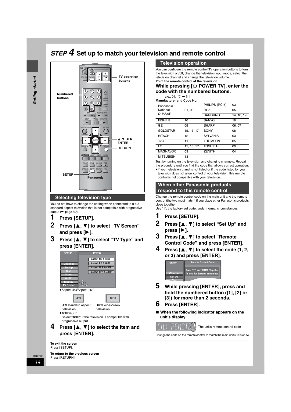 Programming the remote to control a tv, Step, Set up to match your television and remote control | Press [setup, Press [  ,  ] to select “tv screen” and press, Press [  ,  ] to select “set up” and press, Press [enter, Selecting television type, Television operation | Panasonic DMR-E55 User Manual | Page 14 / 61