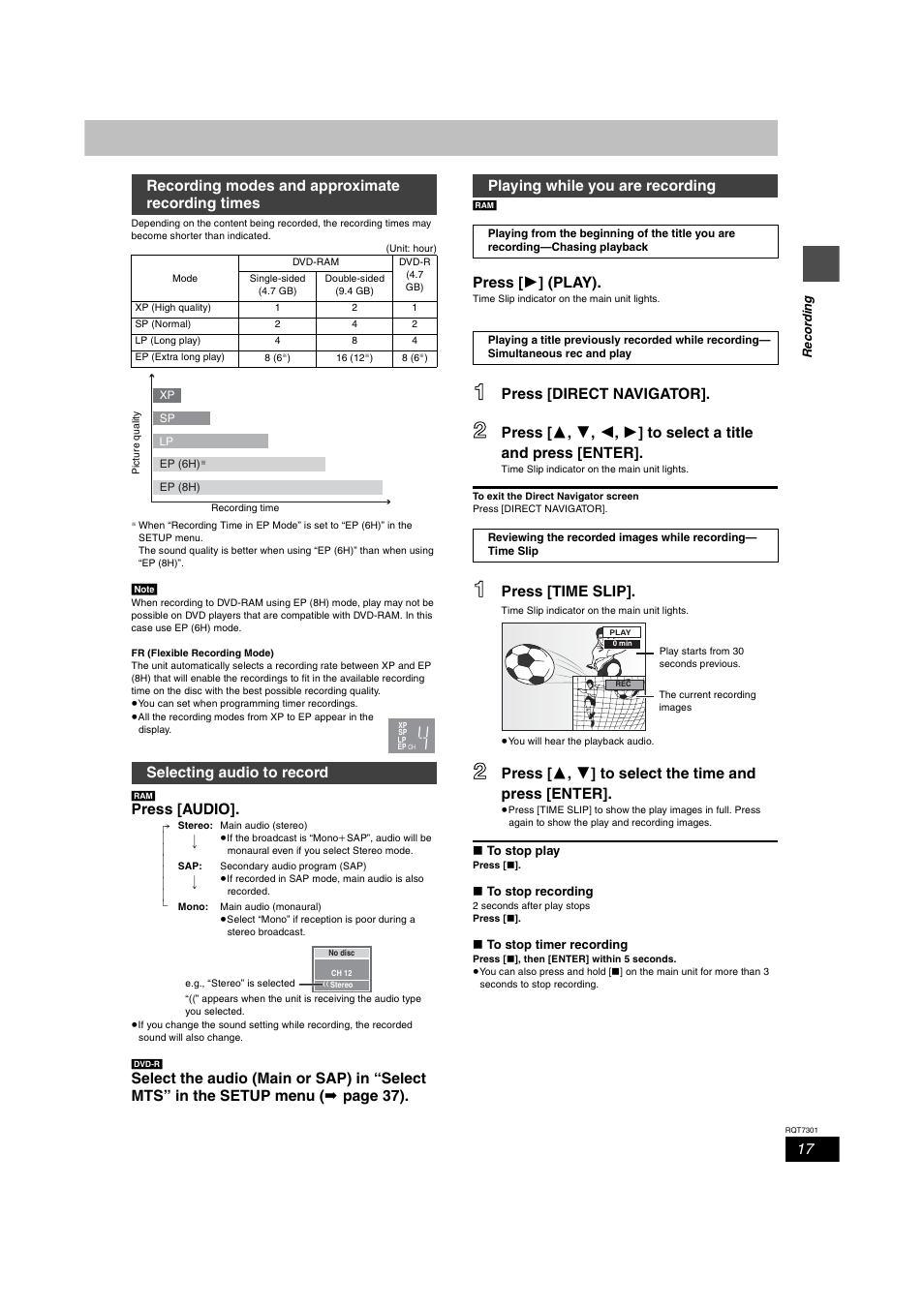 Recording modes & approximate recording times, Selecting audio to record (stereo / sap / mono), Playing while recording | Press [audio, Press [  ] (play), Press [direct navigator, Press [time slip, Recording modes and approximate recording times, Selecting audio to record, Playing while you are recording | Panasonic DMR-E55 User Manual | Page 17 / 61