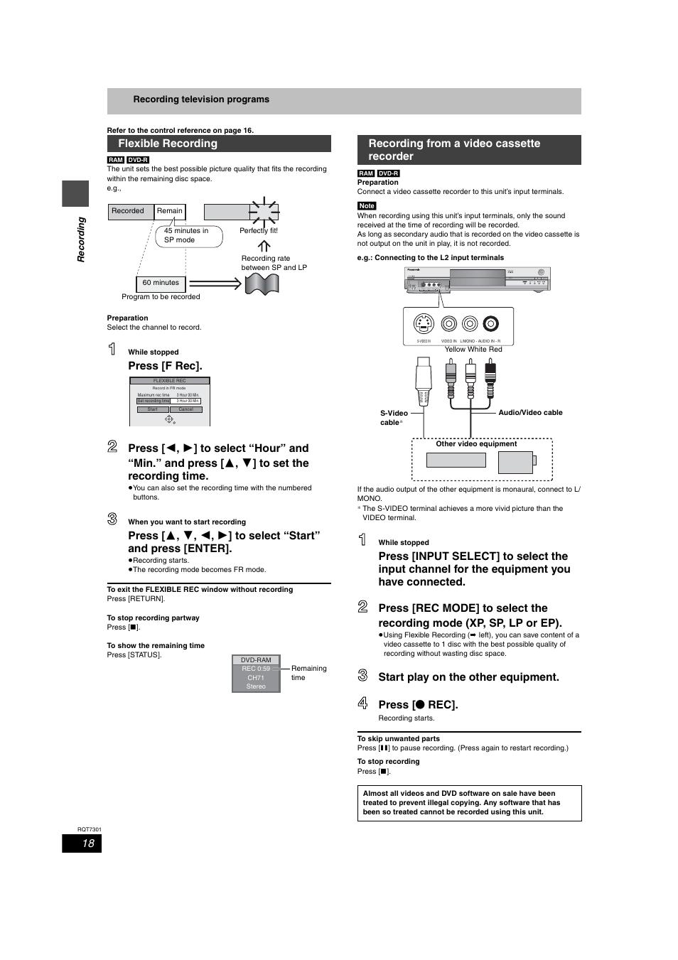 Flexible recording, Recording from a vcr | Panasonic DMR-E55 User Manual | Page 18 / 61