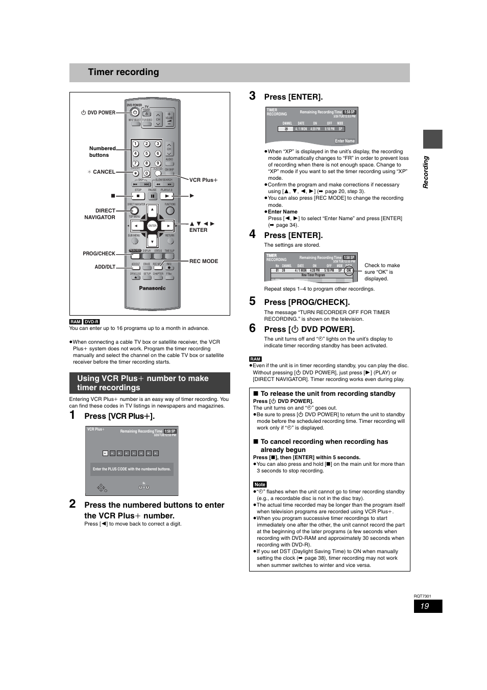 Timer recording, Using vcr plus+ number to make timer recordings, Press [vcr plus t | Press [enter, Press [prog/check, Press [ ¦ dvd power, Using vcr plus k number to make timer recordings, Re cor ding, W to release the unit from recording standby | Panasonic DMR-E55 User Manual | Page 19 / 61