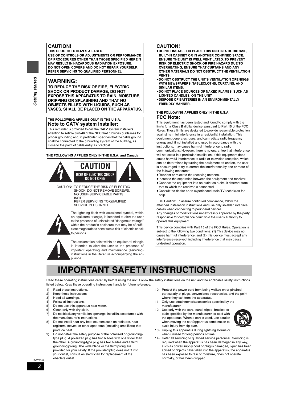 Important safety instructions, Warning, Caution | Panasonic DMR-E55 User Manual | Page 2 / 61