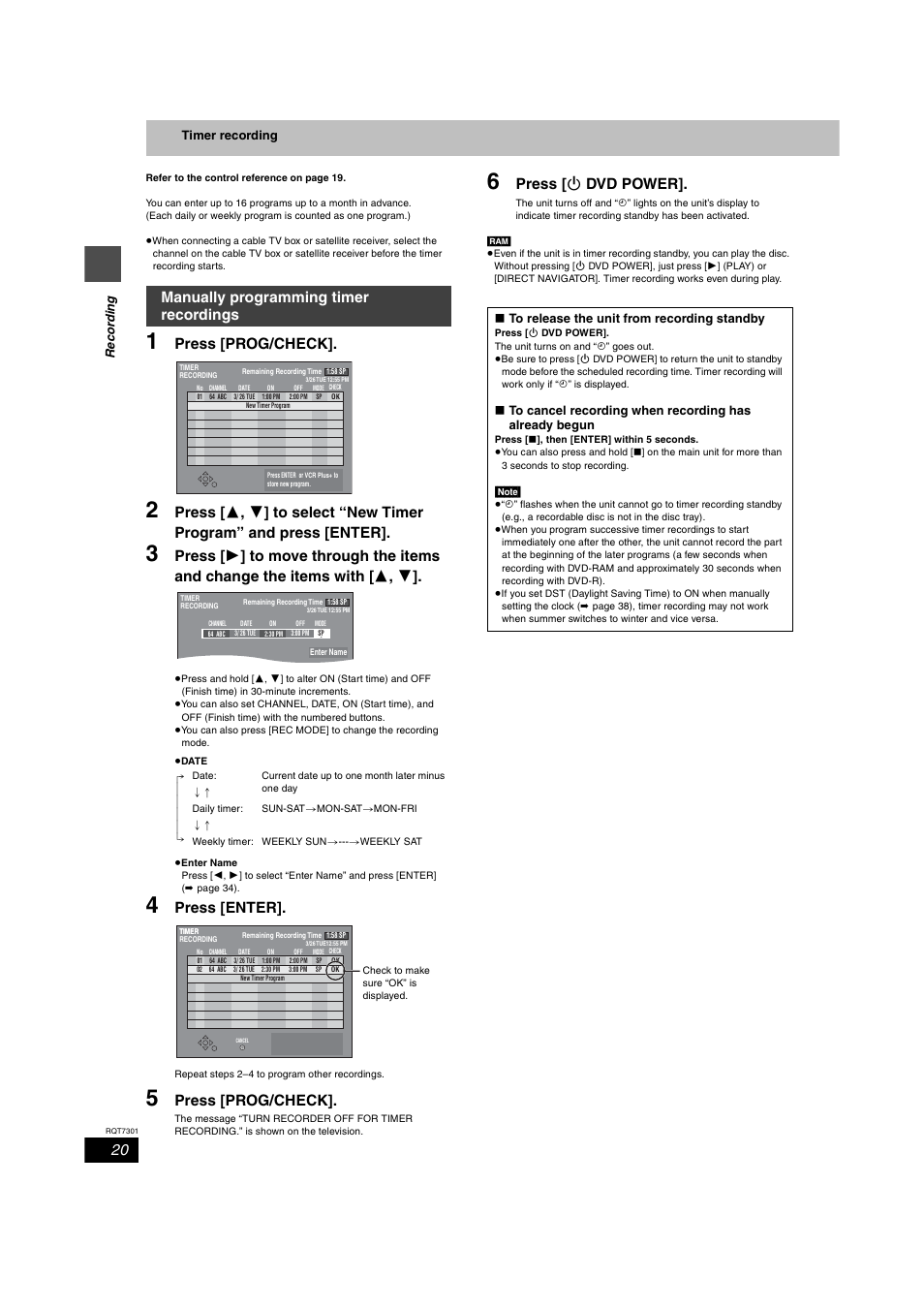 Manually programming timer recordings, Press [prog/check, Press [enter | Press [ ¦ dvd power | Panasonic DMR-E55 User Manual | Page 20 / 61