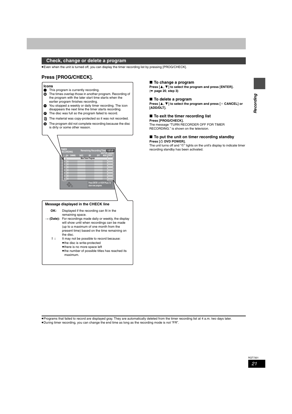 Check / change / delete a program, Press [prog/check, Check, change or delete a program | Panasonic DMR-E55 User Manual | Page 21 / 61