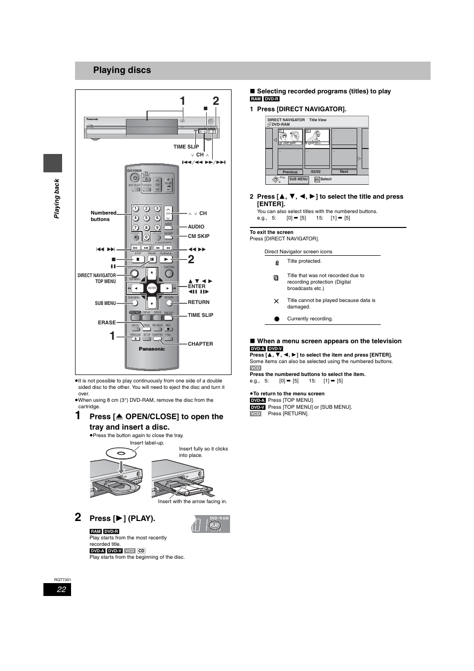 Playback, Playing discs, Press [  ] (play) | Open/close, X1.3 time slip power ch time slip, Pla ying bac k, W selecting recorded programs (titles) to play, W when a menu screen appears on the television | Panasonic DMR-E55 User Manual | Page 22 / 61