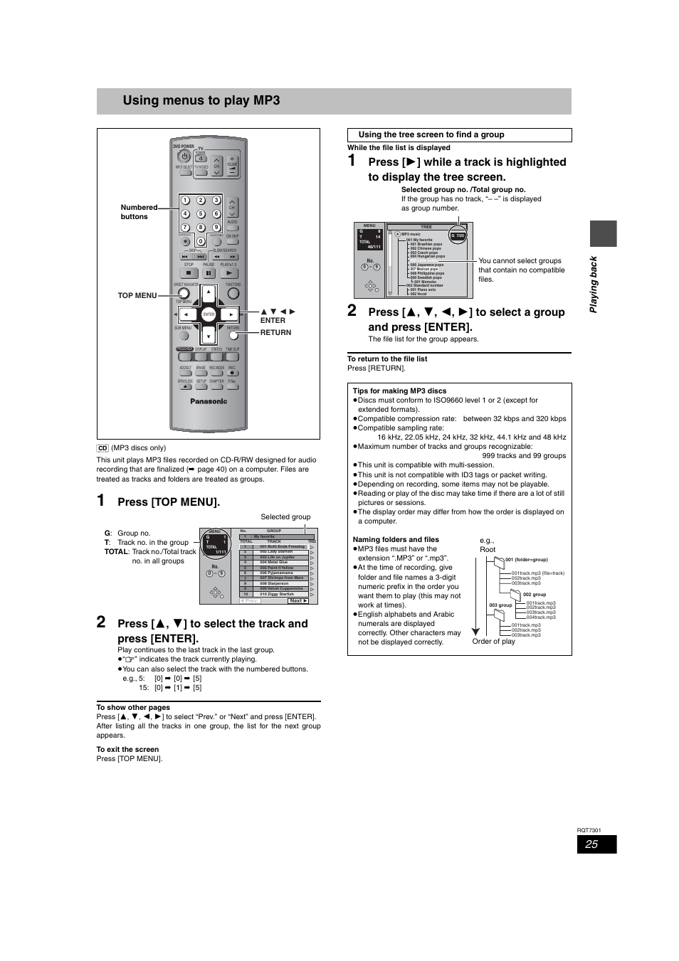 Using menus to play mp3, Press [top menu, Pla ying bac k | Panasonic DMR-E55 User Manual | Page 25 / 61