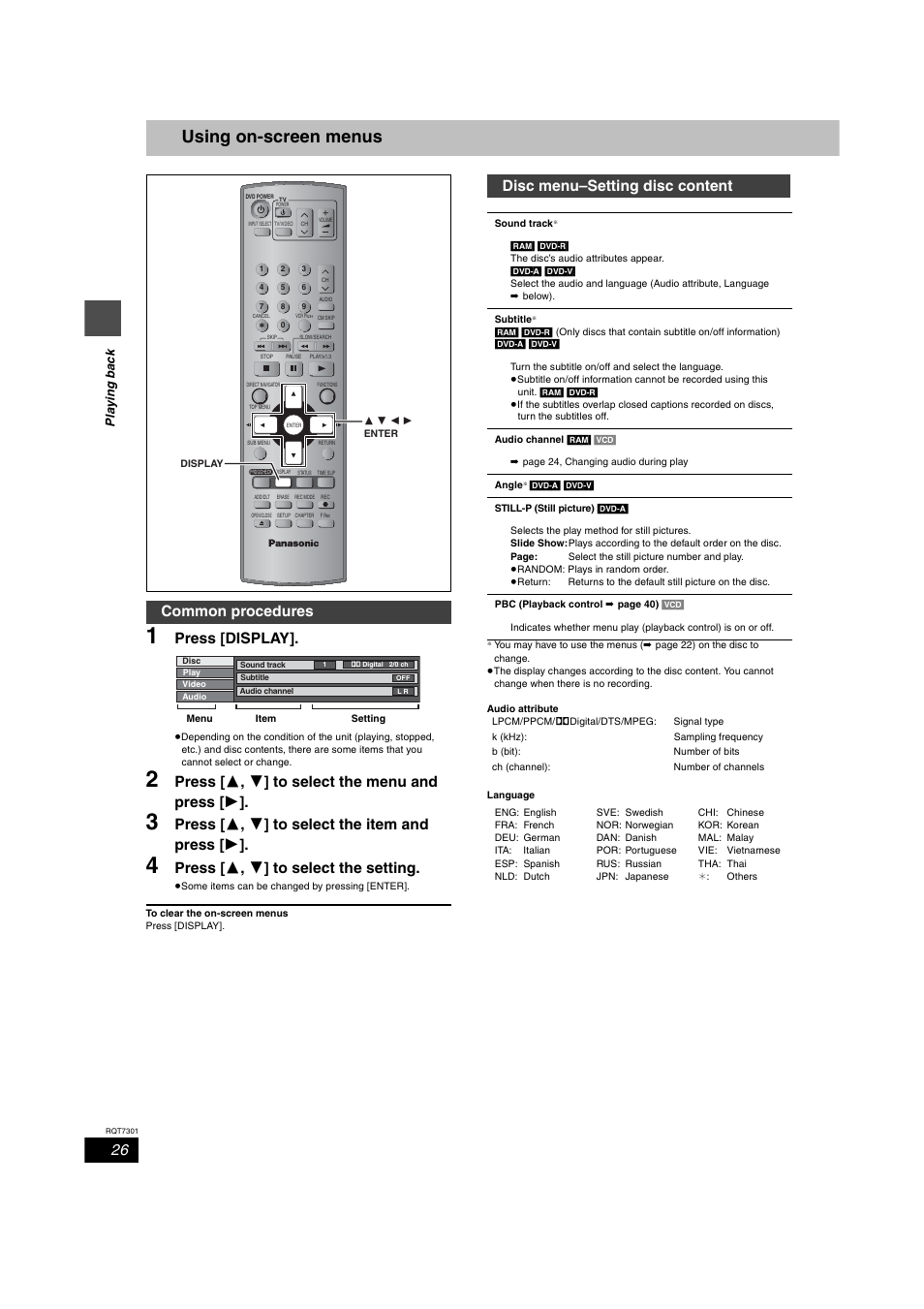 Using on-screen menus, Using the menu, Disc menu – setting disc content | Press [display, Press [  ,  ] to select the menu and press, Press [  ,  ] to select the item and press, Press [  ,  ] to select the setting, Common procedures, Disc menu–setting disc content, Pla ying bac k | Panasonic DMR-E55 User Manual | Page 26 / 61