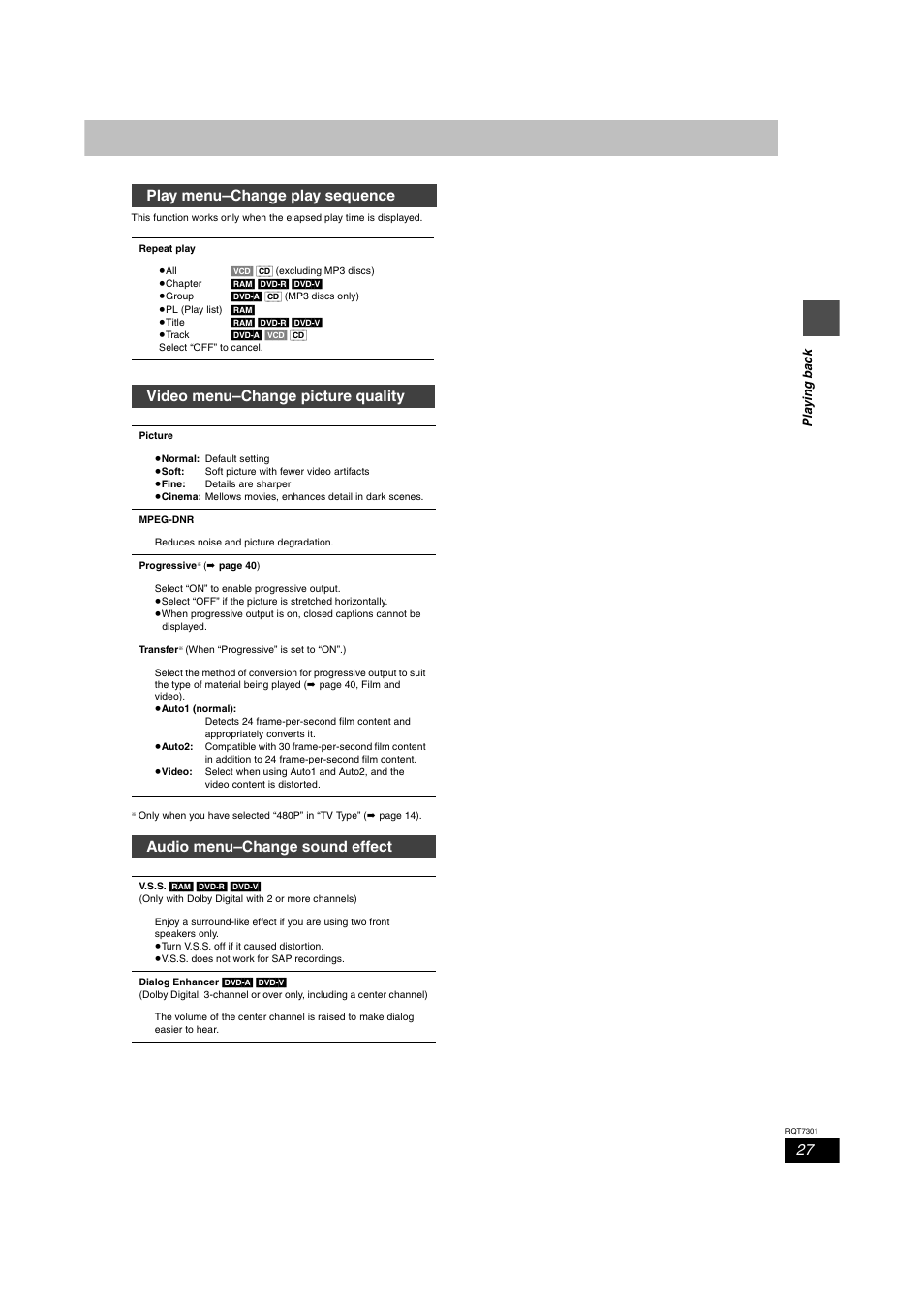 Play menu – change play sequence, Video menu – change picture quality, Audio menu – change sound effect | Play menu–change play sequence, Video menu–change picture quality, Audio menu–change sound effect | Panasonic DMR-E55 User Manual | Page 27 / 61