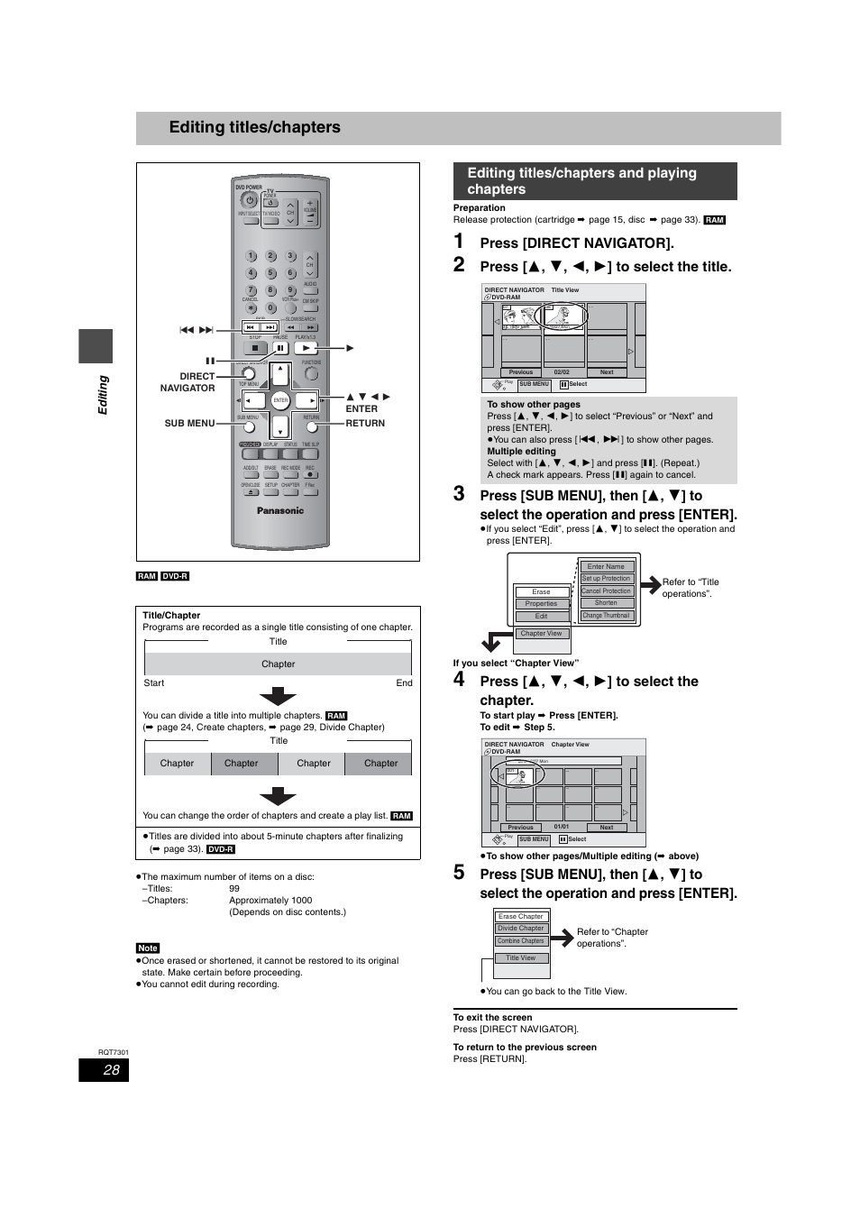 Editing, Editing titles / chapters, Editing titles / chapters & playing chapters | Editing titles/chapters, Press [direct navigator, Press [  ,  ,  ,  ] to select the title, Press [  ,  ,  ,  ] to select the chapter, Editing titles/chapters and playing chapters | Panasonic DMR-E55 User Manual | Page 28 / 61