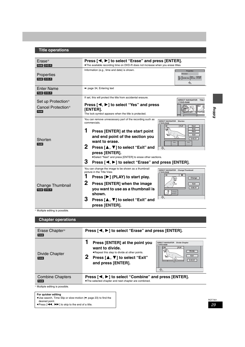 Title operations, Chapter operations, Title operations erase | Press [  ,  ] to select “erase” and press [enter, Properties, Enter name, Set up protection, Cancel protection, Press [  ,  ] to select “yes” and press [enter, Shorten | Panasonic DMR-E55 User Manual | Page 29 / 61
